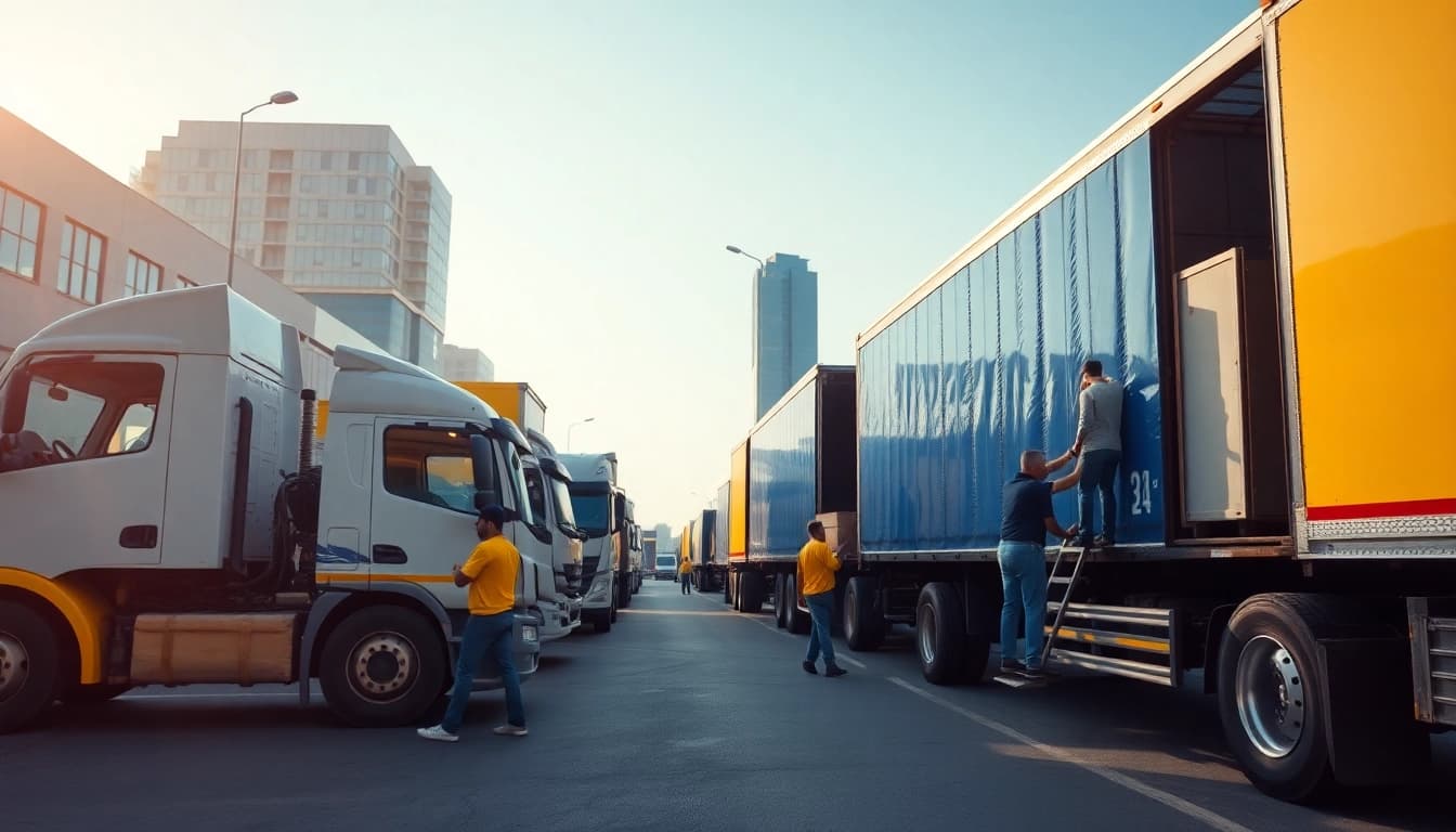 Hauling service transporting goods with trucks in an urban environment.