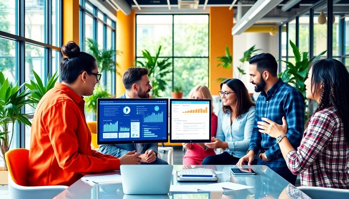 Dynamic team working at a social media agency on creative strategies in a bright office.