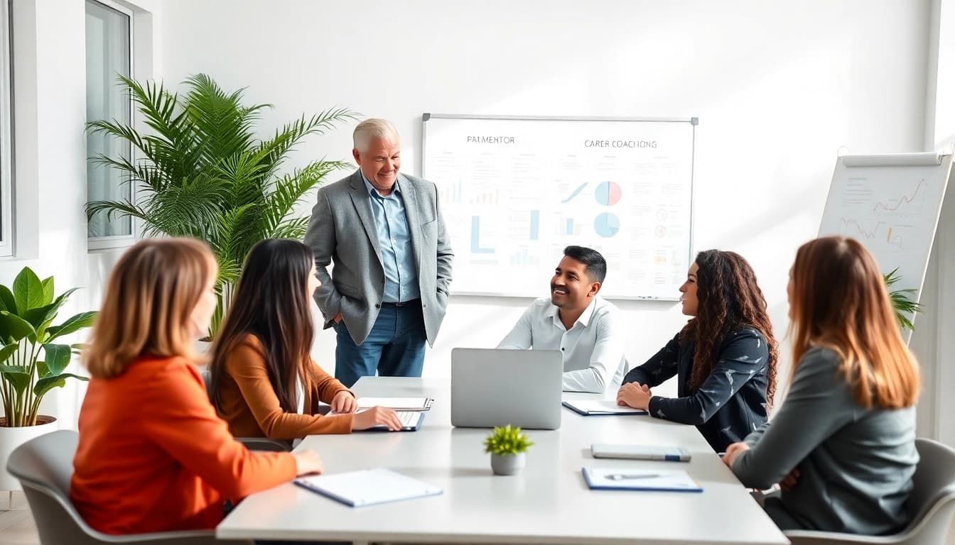 Engaging career coaching session with mentor and diverse participants guiding personal and professional growth.