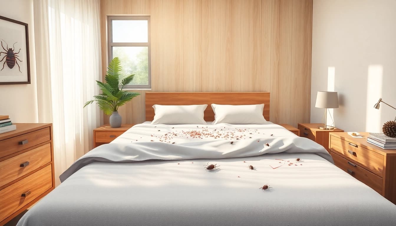 Visual representation of bed bug removal issue in a bedroom setting with infestation signs visible.