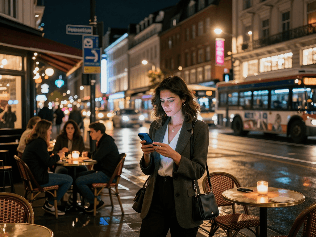 Gái gọi trong đêm khuya tại góc phố sôi động với ánh đèn neon và không khí ấm cúng