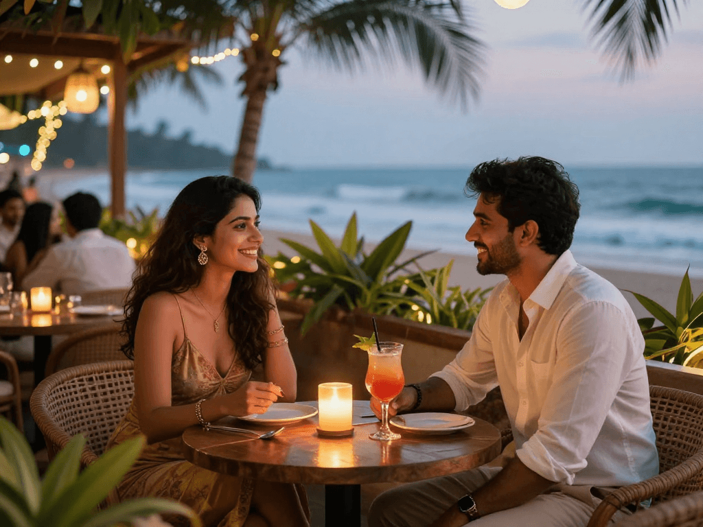 Call girls in Goa enjoying the nightlife atmosphere at a beachfront lounge with tropical decor.
