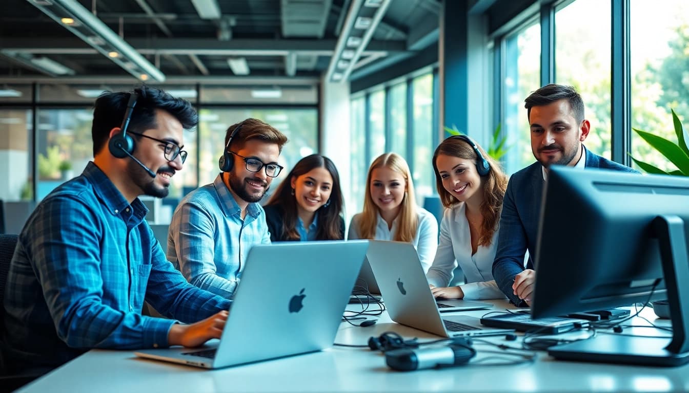 Expert IT support small business team collaborating in a modern office setting.