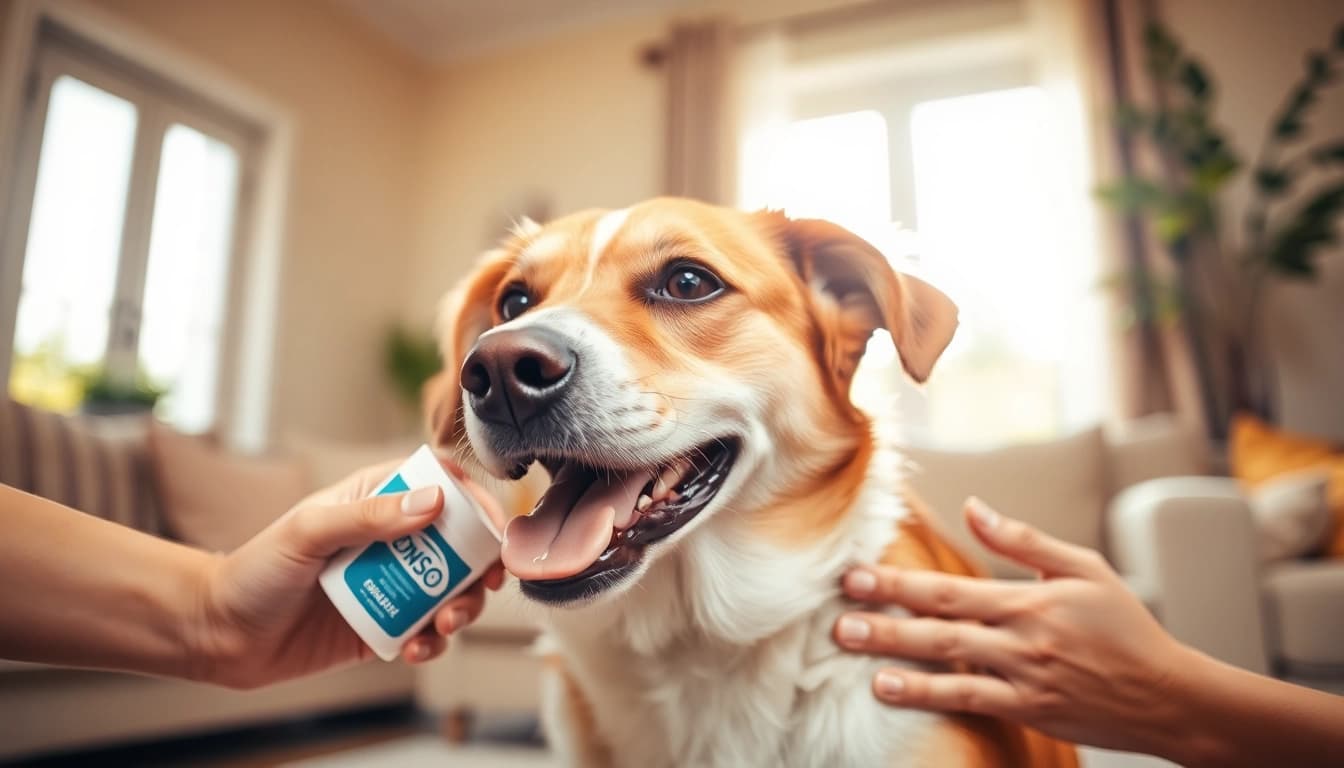Applying DMSO for dogs to soothe joint pain, showcasing a relaxed canine.