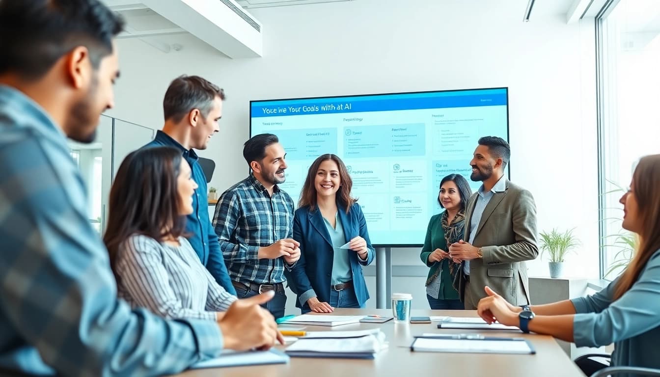 Teams brainstorming to Achieve Your Goals With AI in a modern office environment.