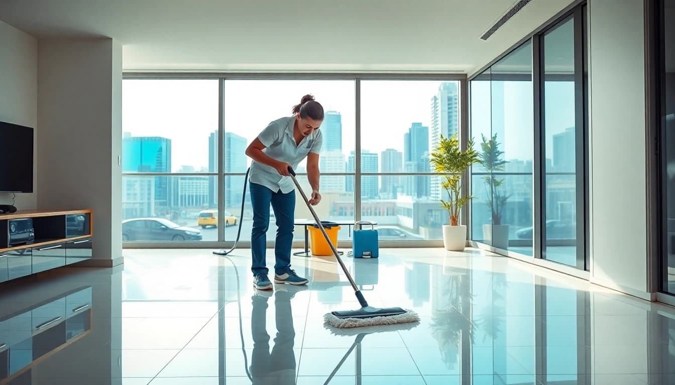 Experience expert bond cleaning brisbane with a dedicated cleaner in a bright, modern apartment setting.