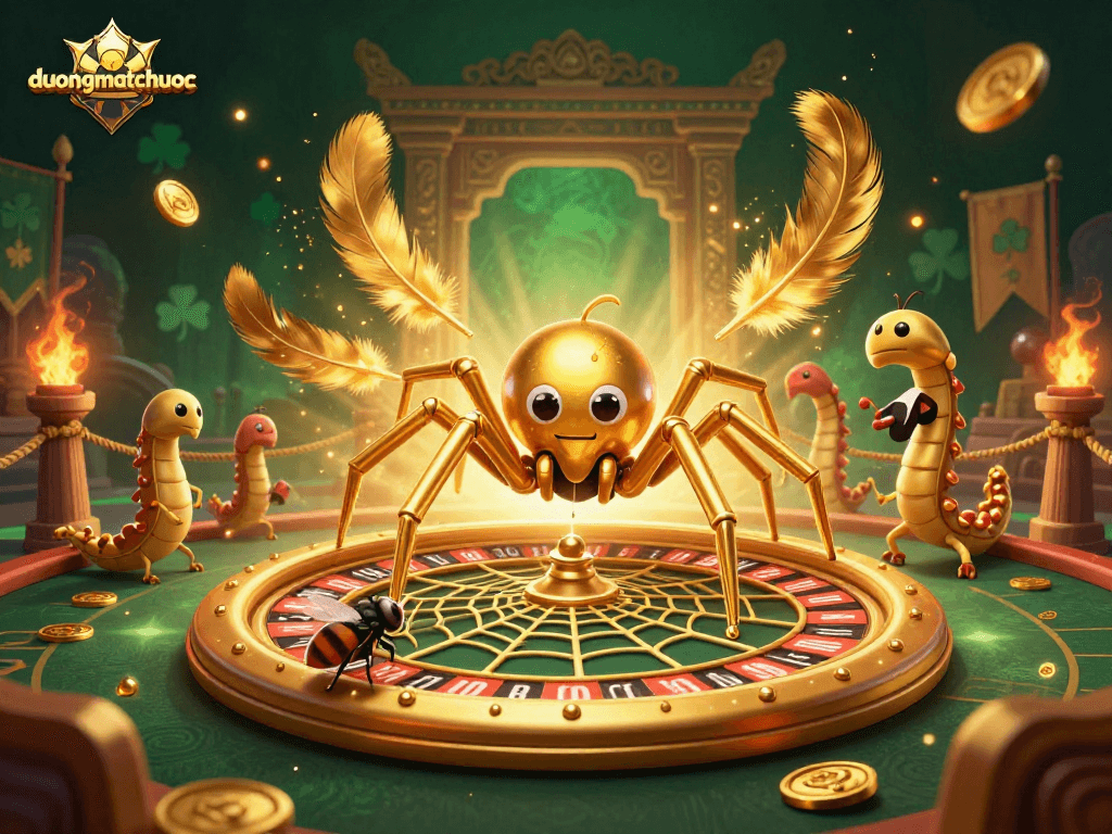 Place bets in duongmatchuoc's vibrant roulette web, featuring a golden spider and centipede croupier.