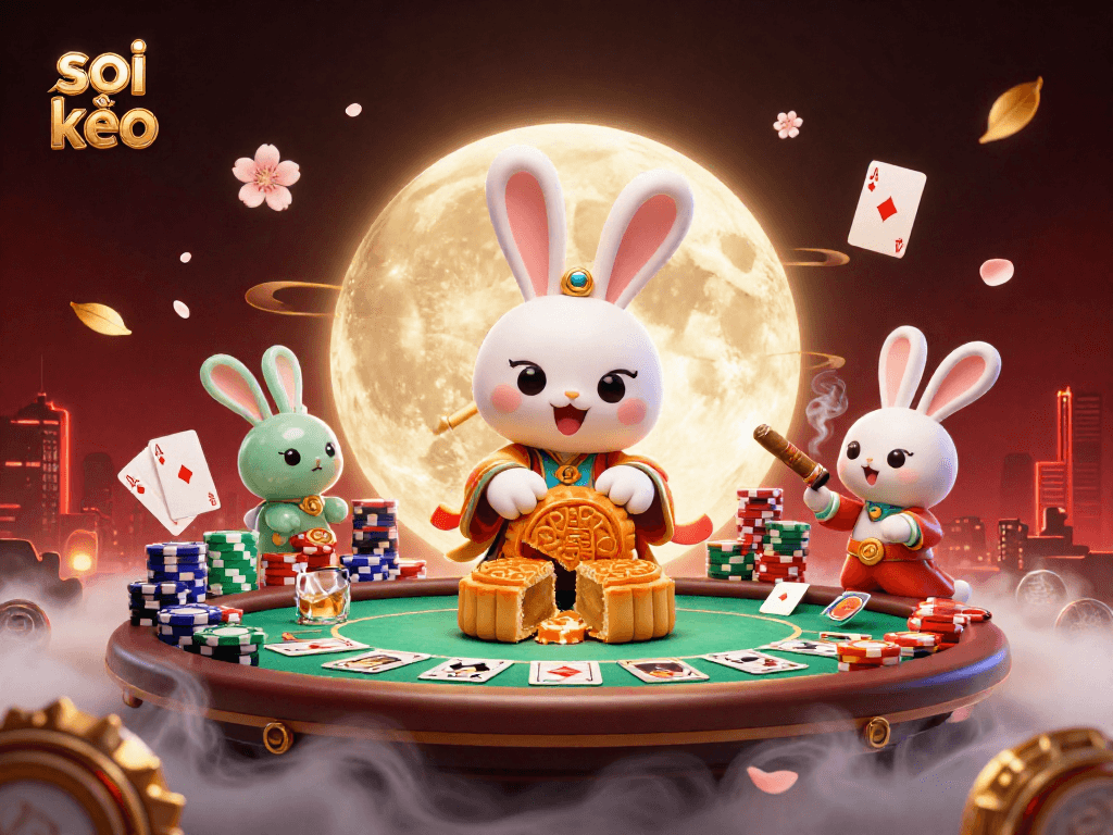 Experience the thrill of soi kèo as the moon rabbit reveals poker chips amidst a dynamic gambling scene.