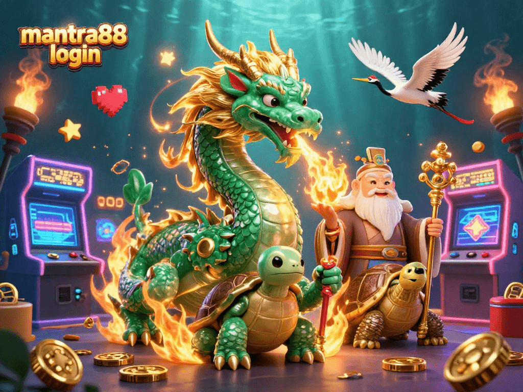 Experience thrilling fun with mantra88 login, featuring an emerald jade dragon, colorful arcade elements, and unique game aesthetics.