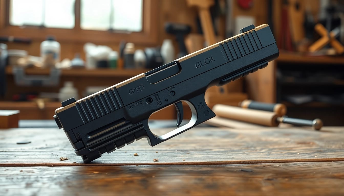 Showcasing the glock 19 slide oem in detail on a workshop bench, emphasizing its quality features.