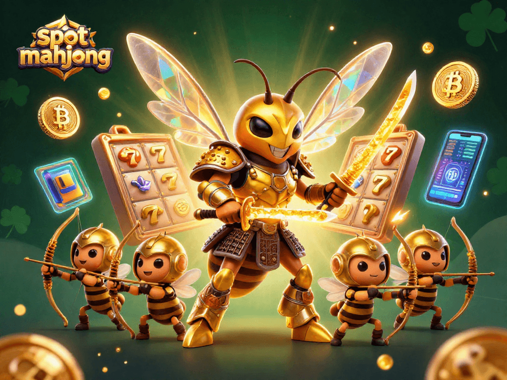 Engage with slot mahjong action featuring a golden hornet in samurai armor and dynamic casino elements.