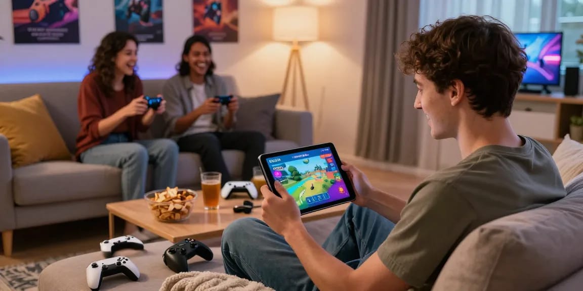 Enjoy relaxing with CIKA4D mobile gaming on a tablet surrounded by friends and snacks.