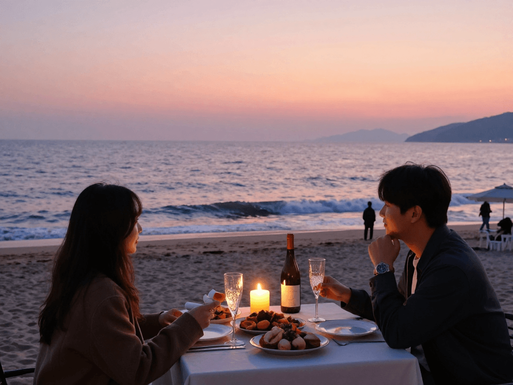 강릉오피에서의 로맨틱한 저녁식사 장면, 바다와 함께하는 포근한 분위기.