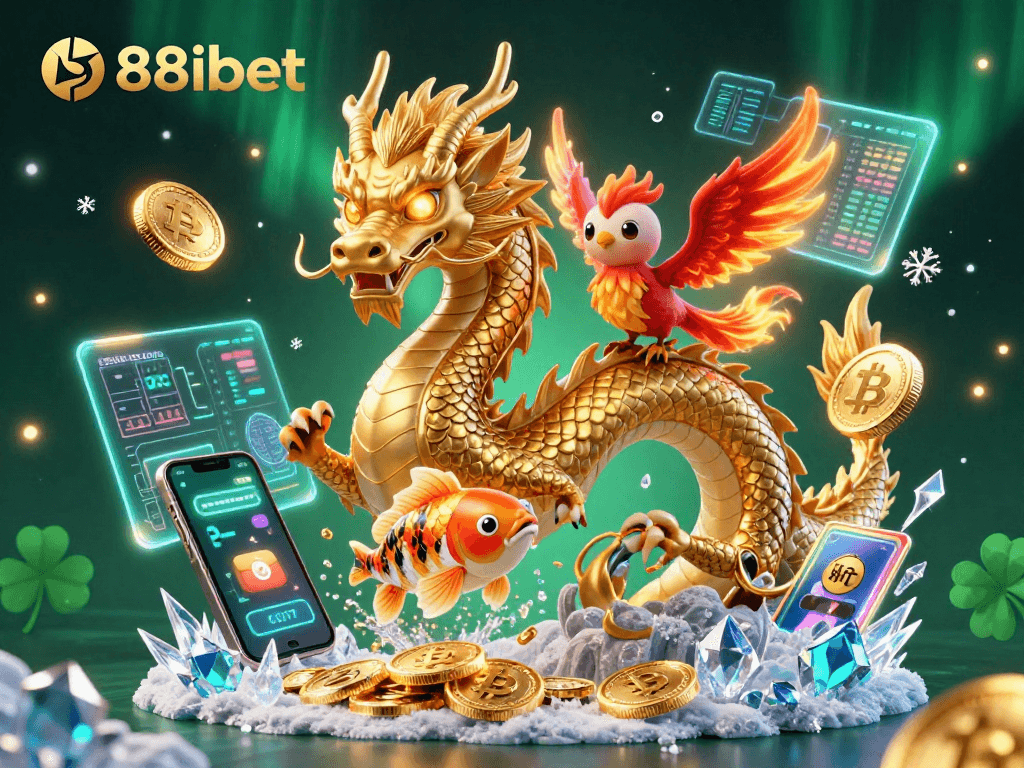 Experience the thrill of 88ibet with a dynamic 3D cartoon scene showcasing a golden dragon, phoenix, and koi fish amidst crypto elements.