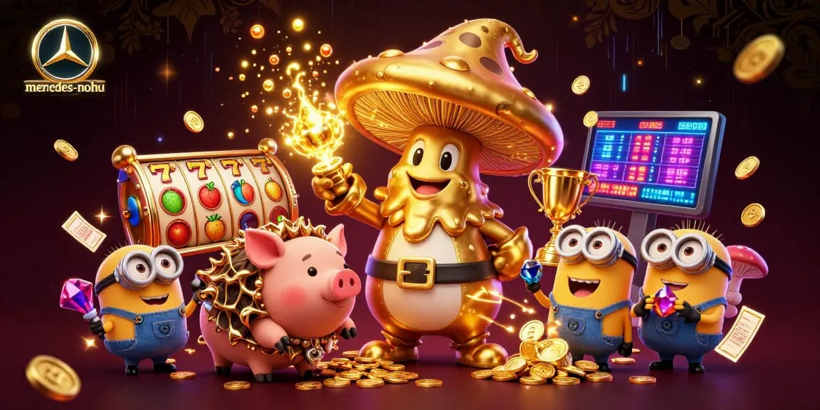 Experience the magic of mercedes-nohu with a 3D golden mushroom wizard conjuring treasures in an exciting casino scene.