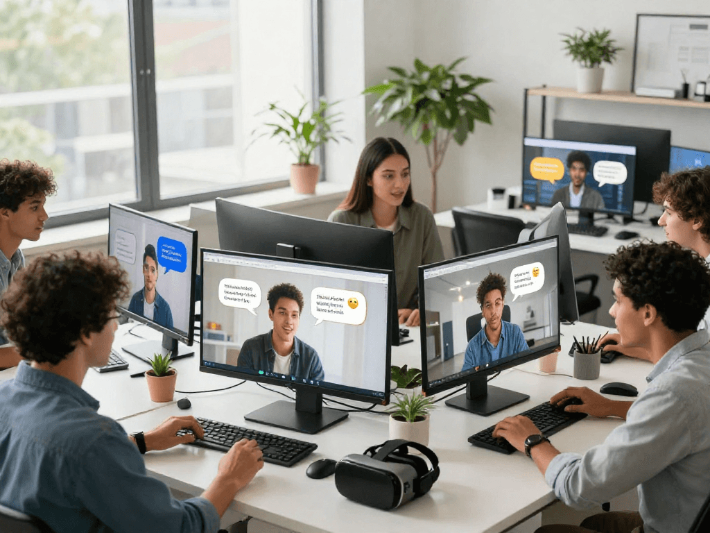 Engaged users exploring spicy chat AI in a modern workspace with lively discussions.