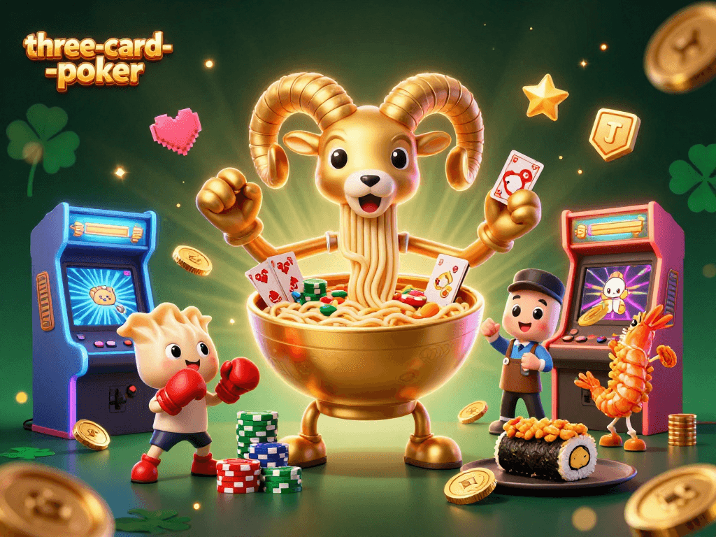 Experience three-card-poker action with colorful casino characters and game elements vividly illustrated.