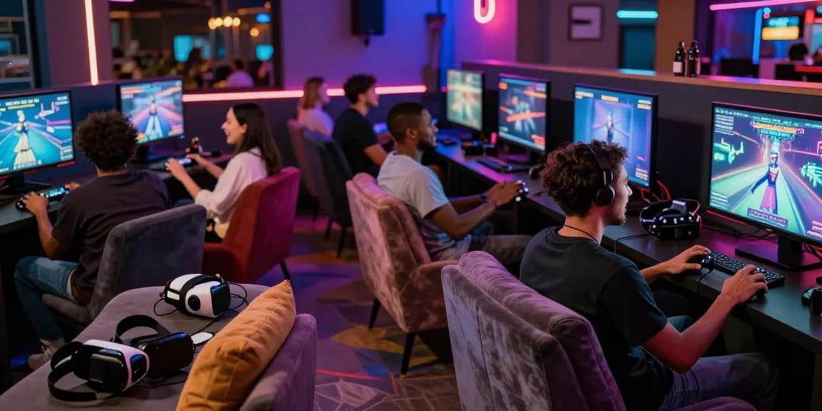 Engaged gamers playing exciting sex games in a vibrant lounge, showcasing modern adult gaming experiences.