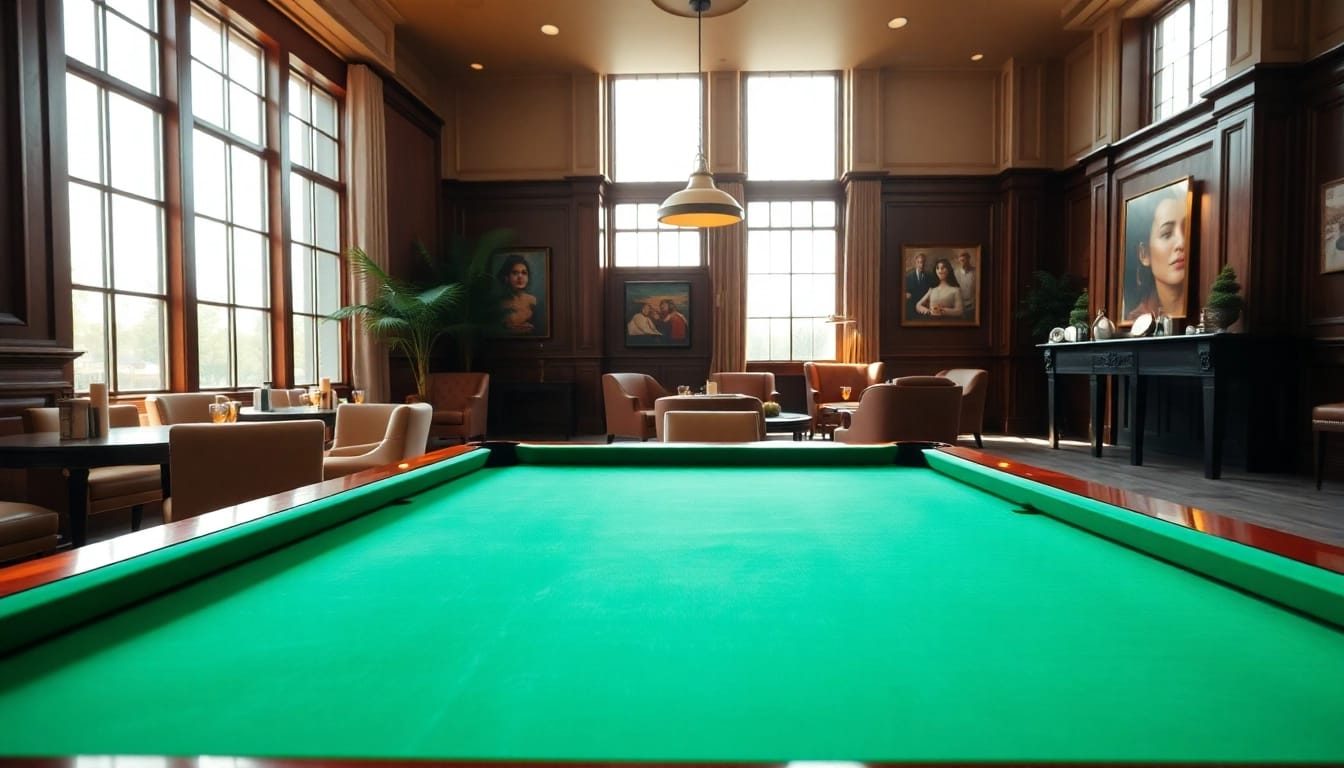 Buy Pool Tables in an upscale game room featuring polished mahogany and natural lighting.