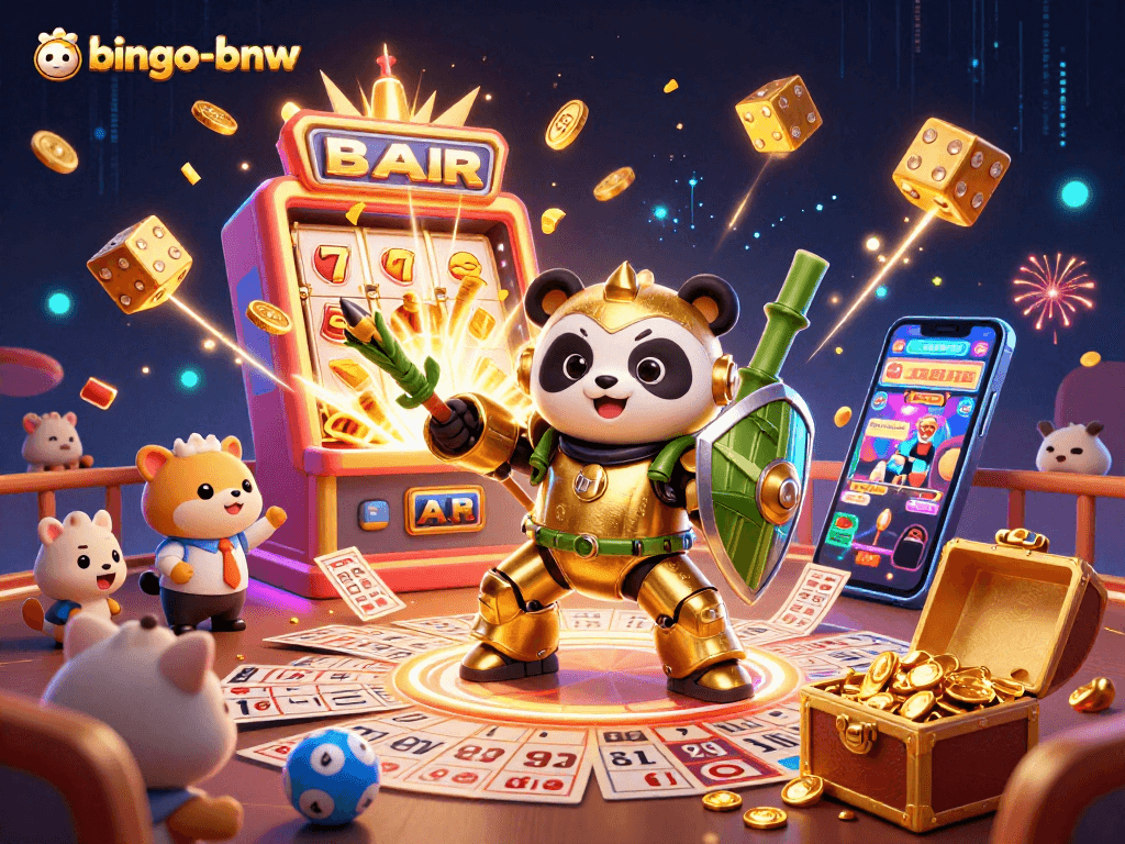 Bingo-bnw experience with a golden panda in an action-packed bingo arena, celebrating a jackpot.