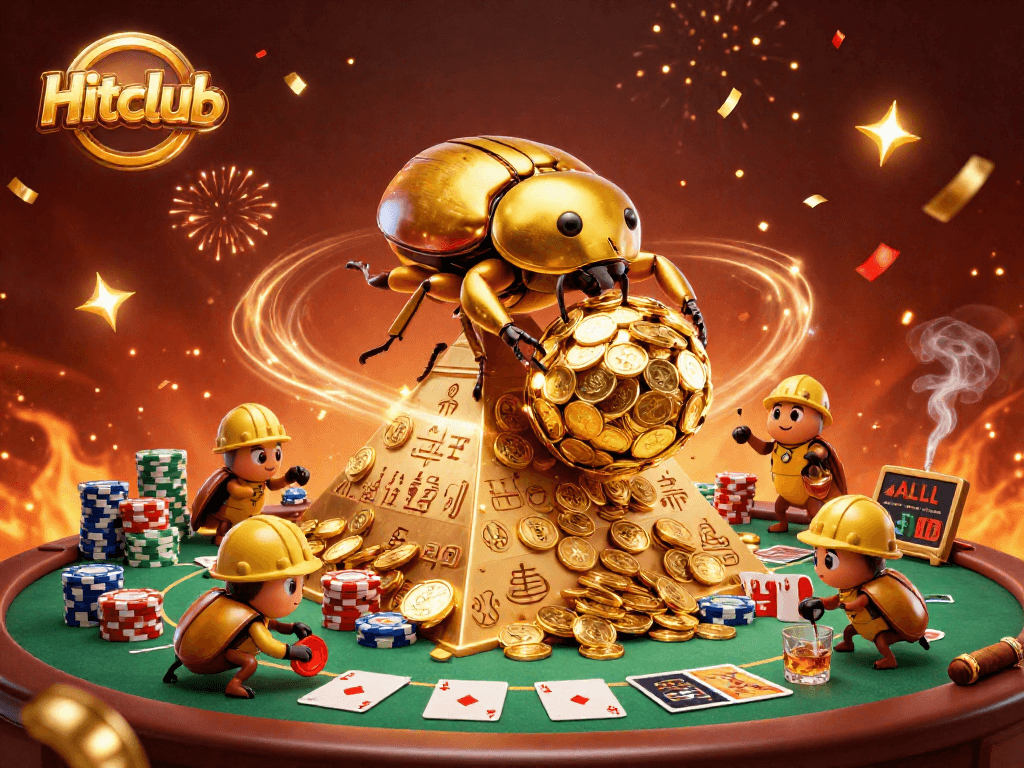 Hitclub showcases an exciting scene of cartoon beetles at a vibrant casino, rolling coins and cards.