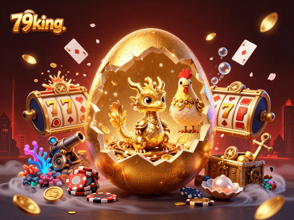 Win big with 79king. as a golden dragon guarding poker chips amidst thrilling casino elements.