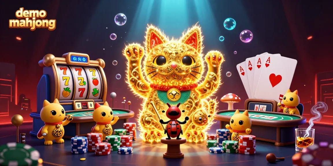 Mengalahkan demo mahjong dengan ilustrasi kucing keberuntungan berapi-api di kasinon progresif menampilkan permainan slot.