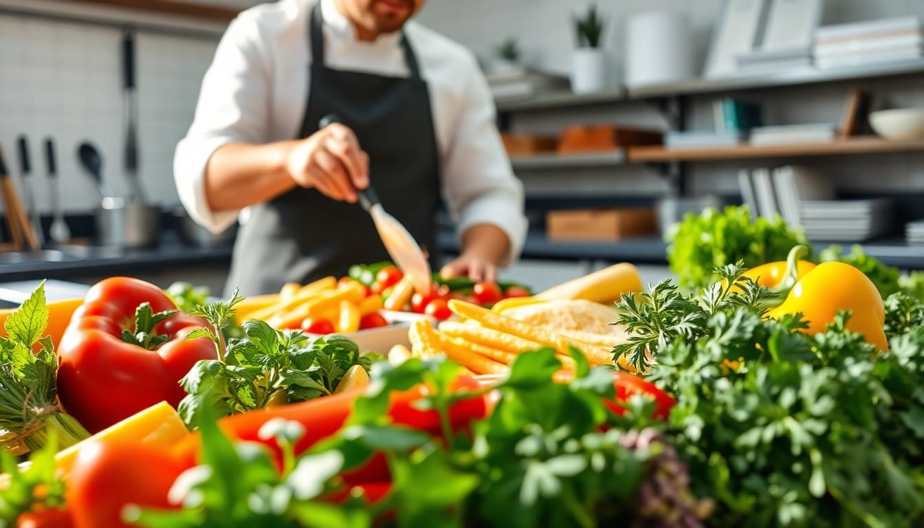 Prepare a vibrant restaurant dish with fresh ingredients showcasing skill in the slot.