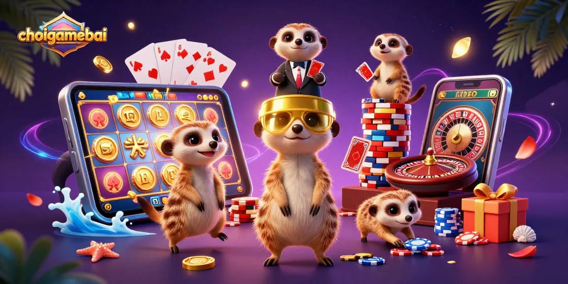 Experience exciting gaming with choigamebai in a colorful 3D meerkat casino scene!