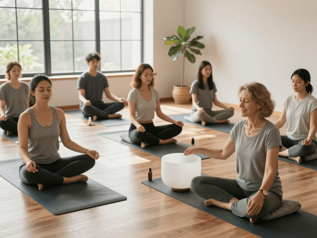mantra88 meditation session in a serene wellness studio with diverse participants.