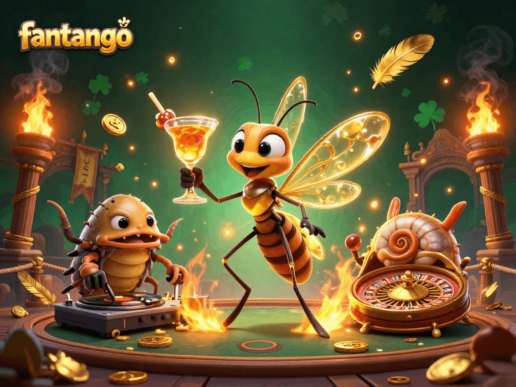 Engage in the thrilling realm of fantango with mascot characters and dynamic casino elements in vivid detail.
