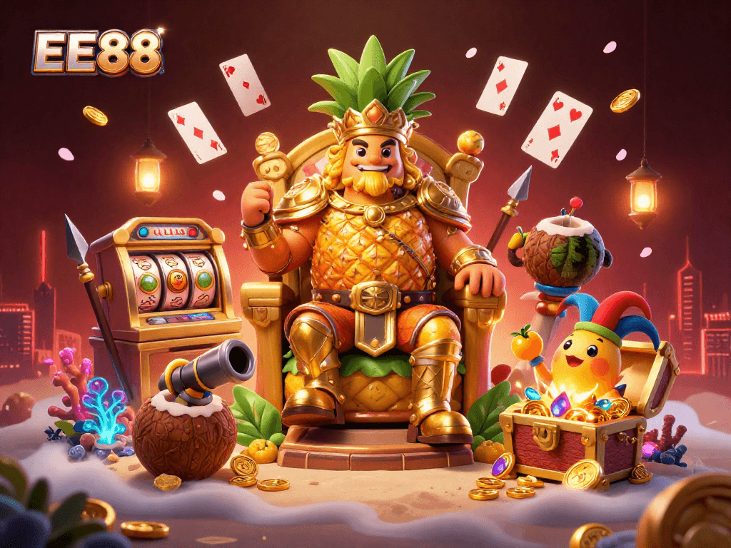 Engage with EE88's vibrant casino scene featuring a whimsical pineapple king amidst thrilling slot games and treasure.