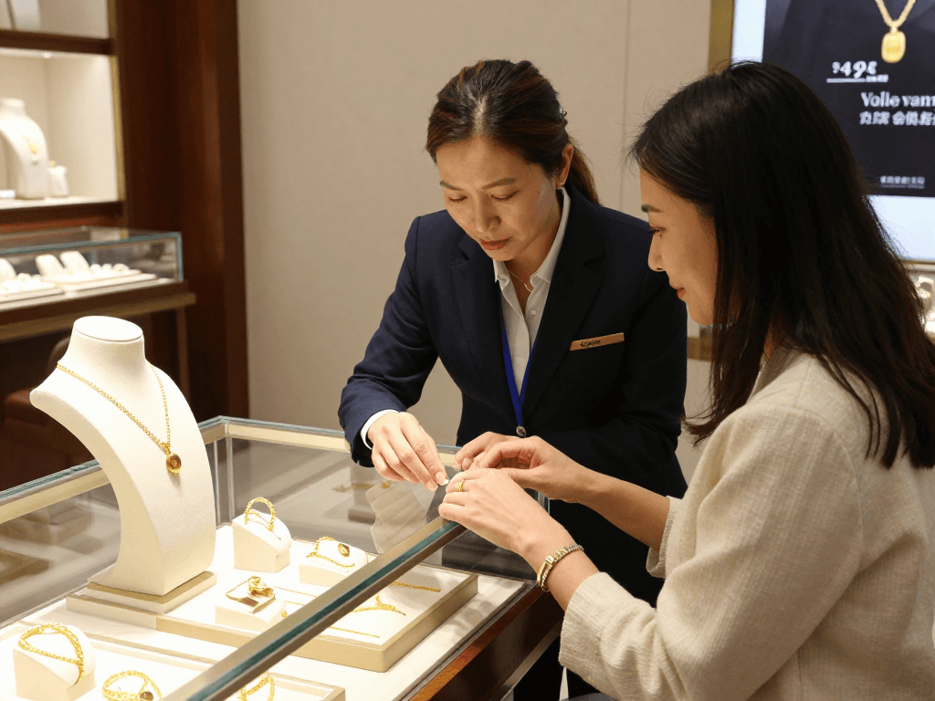 Customer exploring gold jewelry options at mantra88 showroom with expert guidance.
