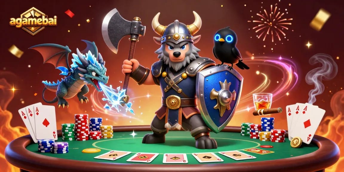 Join agamebai's poker showdown featuring a Viking wolf warrior battling amidst vibrant casino action!