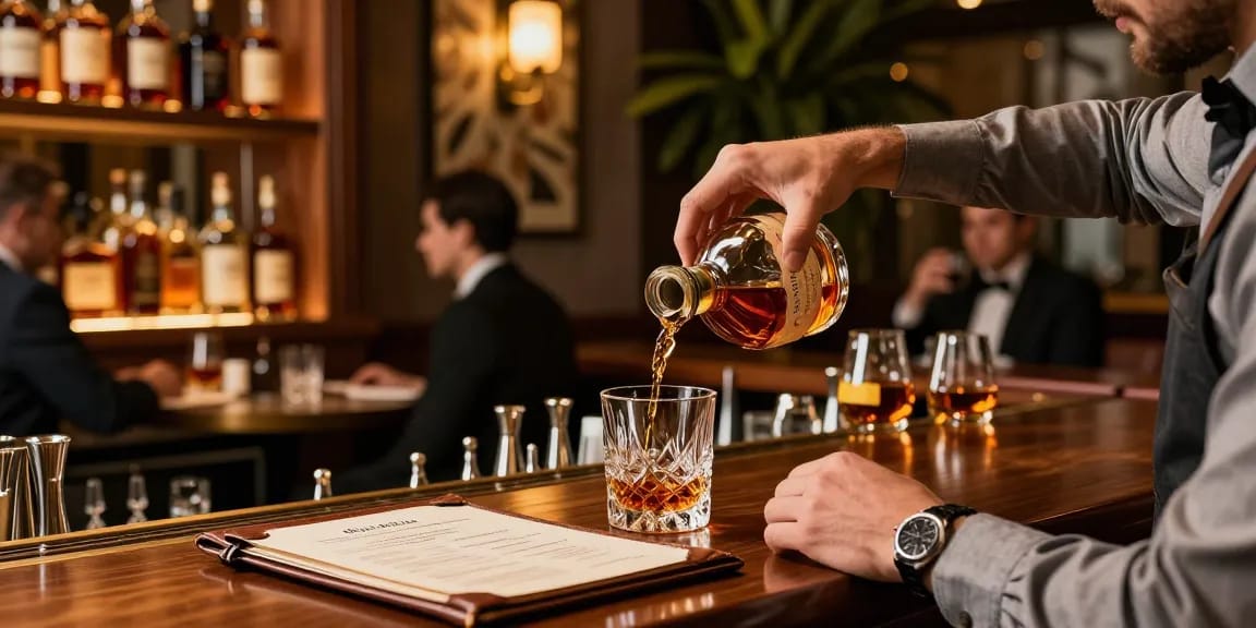 Blanton's Single Barrel Bourbon served at an elegant bar, showcasing premium spirits and a classy ambiance.