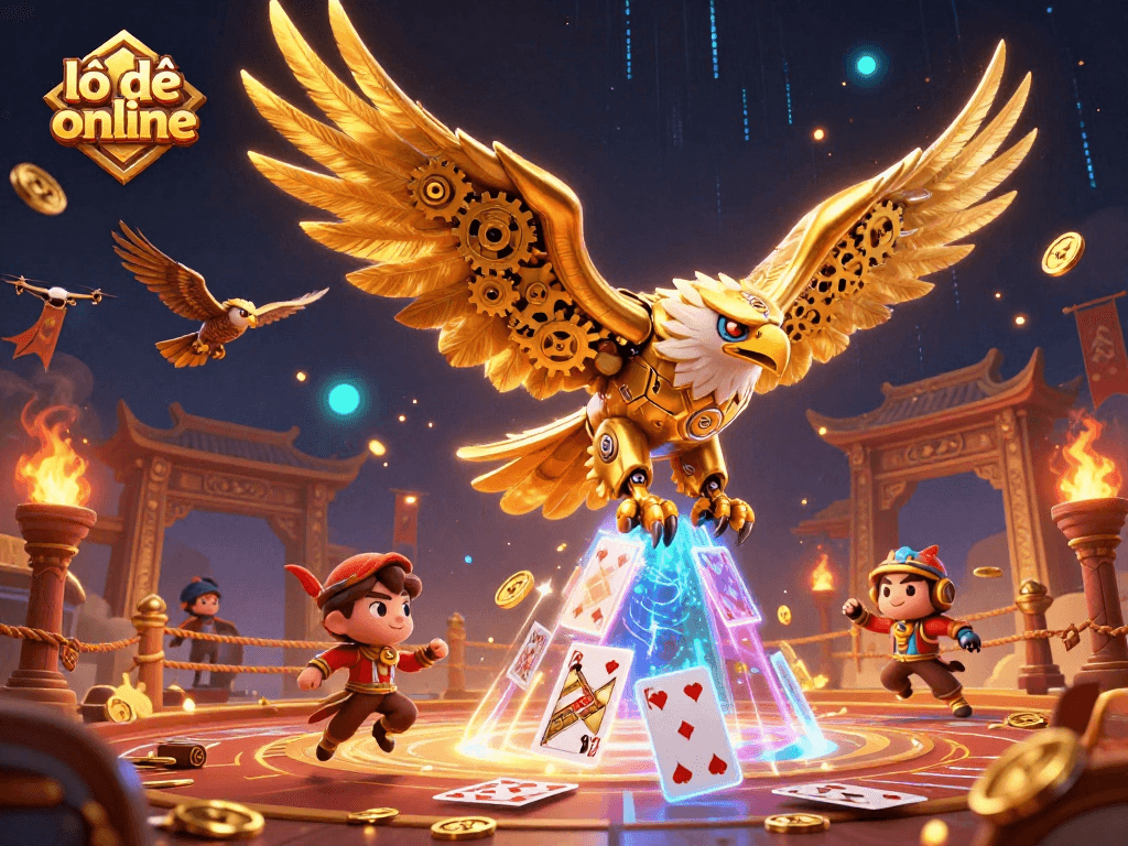 Experience thrilling lô đề online gameplay with a dynamic scene of a cybernetic eagle amidst betting elements.