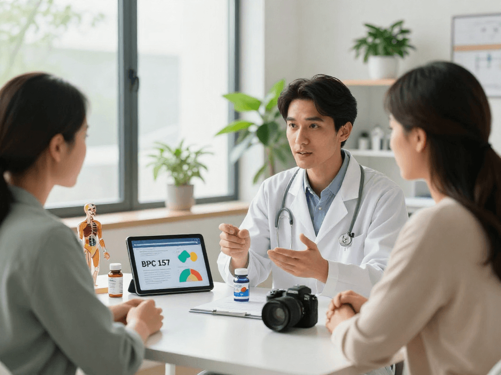 Health expert discussing BPC 157 Benefits with a patient in a modern clinic setting.