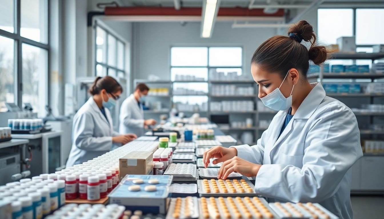 Showcase of pharmaceutical packaging services with technicians organizing packaging materials in a cleanroom setting.