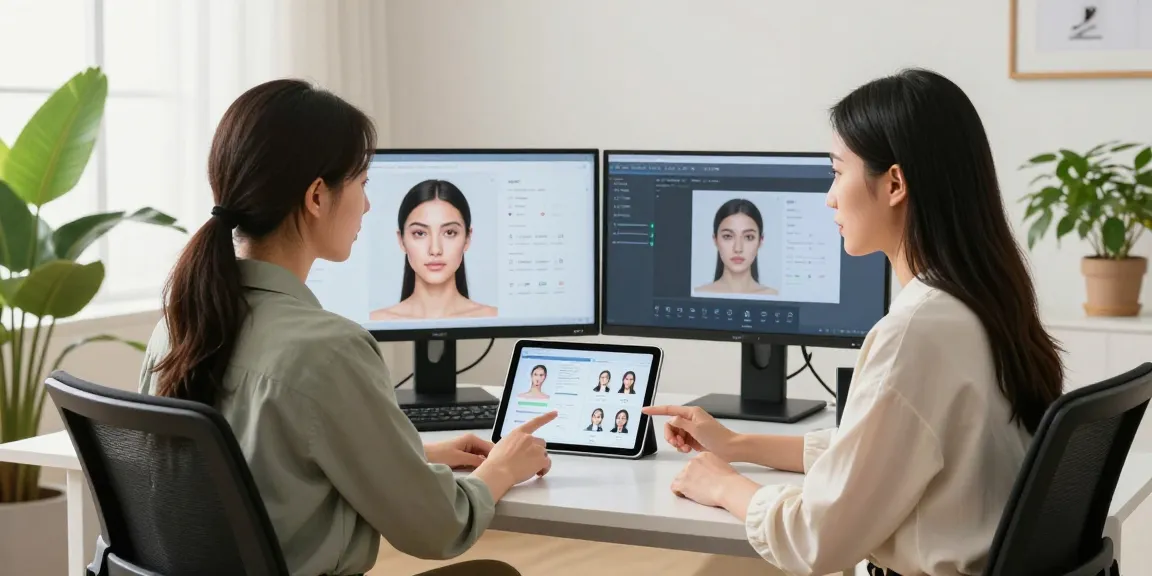 ClinicEvo better than QOVES comparison in a modern aesthetic analysis studio with a consultant guiding a client.