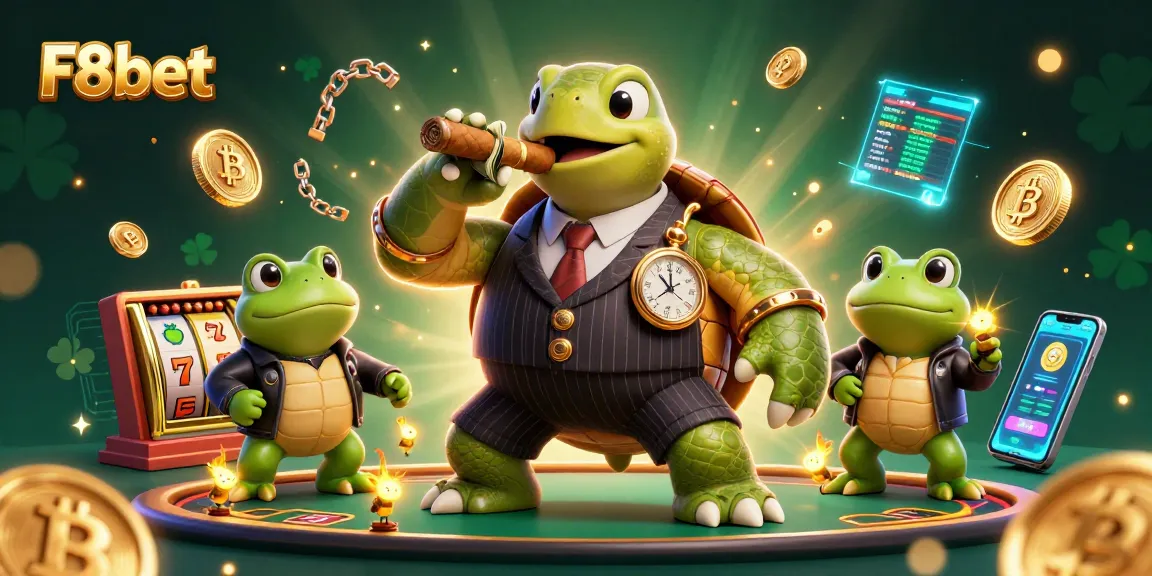 Experience F8bet's gaming adventure with a dynamic casino scene featuring a snapping turtle in a mobster suit.