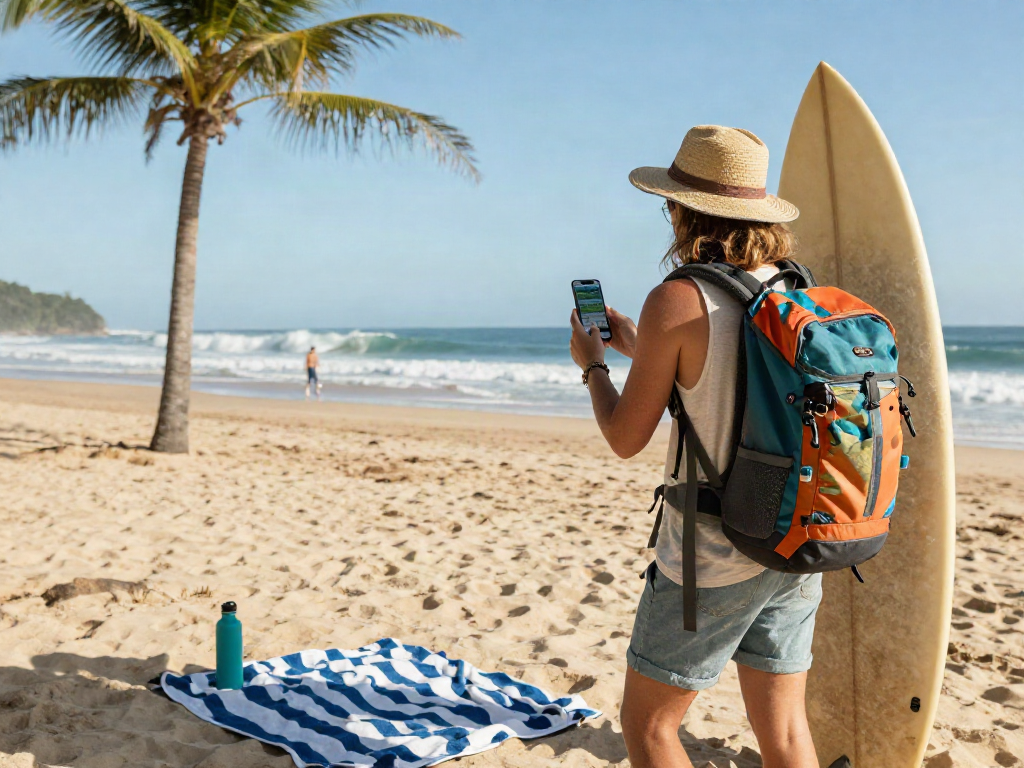 Traveler enjoying the beach with slot qris 5000 navigation app for exploration