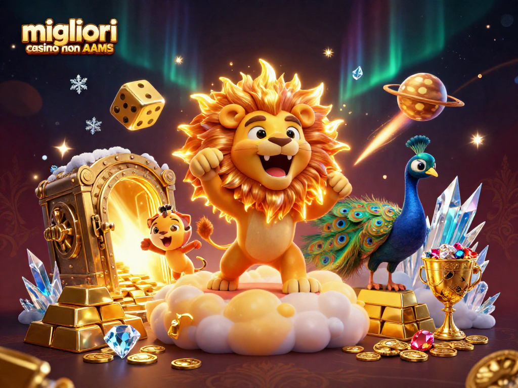 Scopri i migliori casino non AAMS con questa illustrazione di un leone solare e tesori scintillanti.