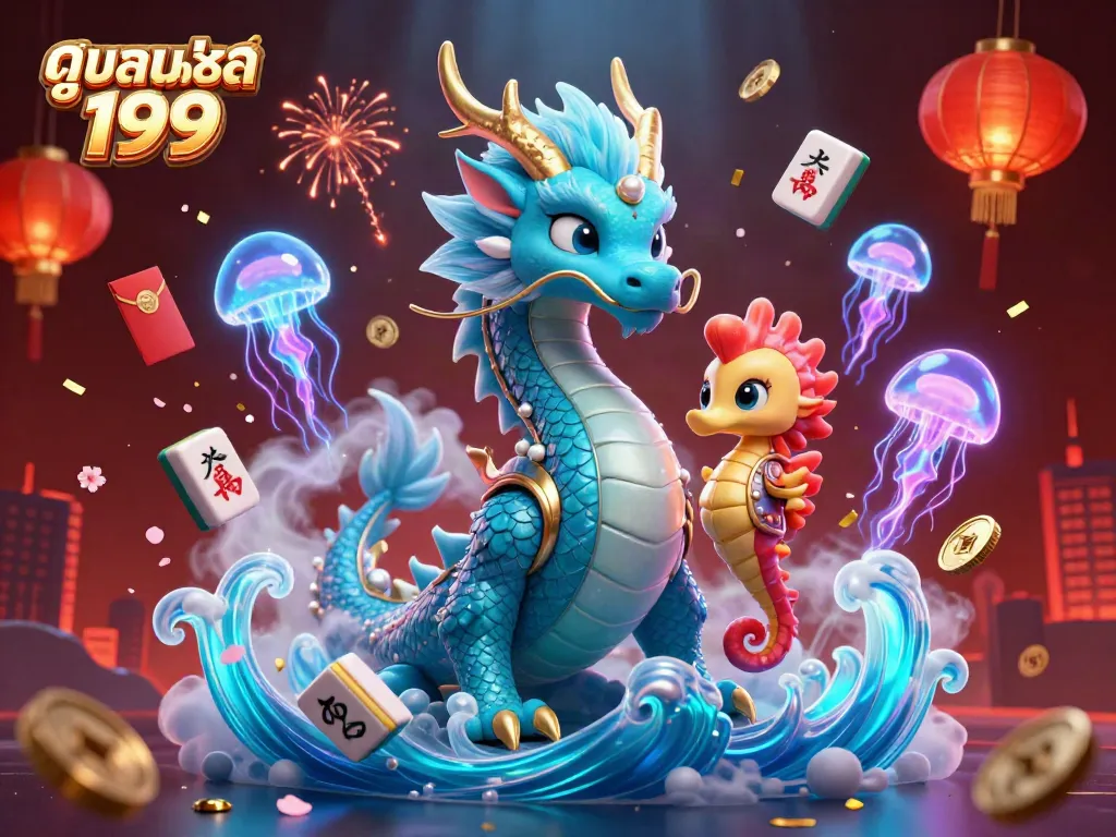 Experience bold gameplay with a majestic azure water dragon, highlighting the essence of ดูบอลสด 199 in a vibrant scene.