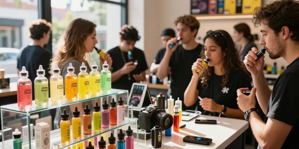 A lively urban vape shop featuring a variety of Lemon Twist e-liquids with vibrant colors, inviting atmosphere.