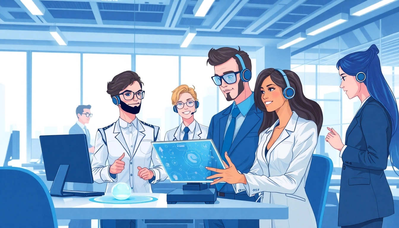Dynamic illustration of AI agents utilizing advanced technology in a modern workspace.