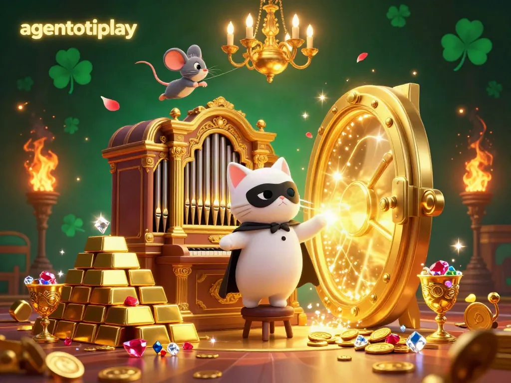 Engage with agentotoplay's vibrant casino scene, featuring a whimsical cat at an ornate organ amidst gold treasures.