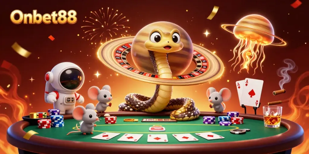 Experience excitement with Onbet88's colorful casino scene featuring themed characters and engaging gameplay elements.