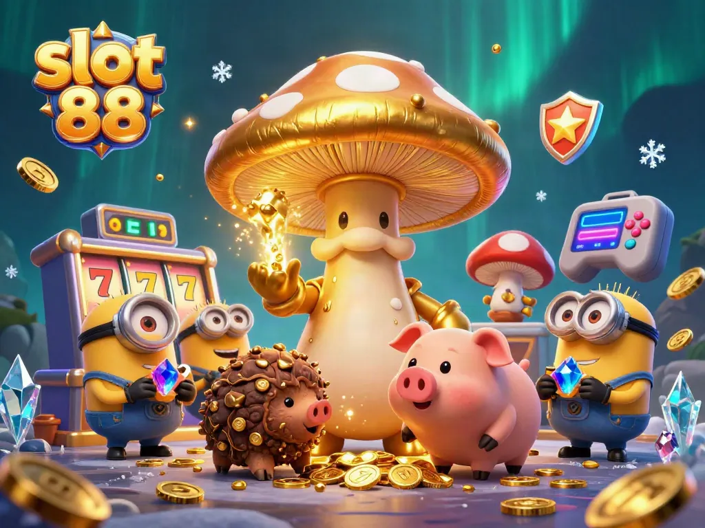 Engage with slot 88 through a vibrant 3D scene of magical characters and casino elements.