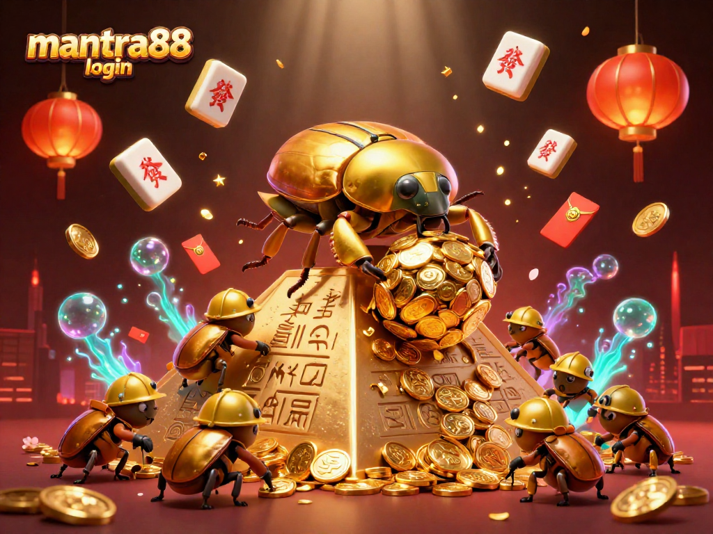 Experience the excitement of mantra88 login with a vibrant 3D casino scene full of gold coins and thrilling elements.