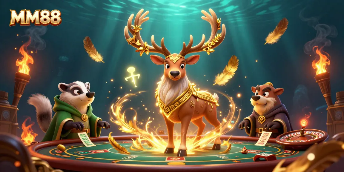 Experience MM88 with a vibrant casino scene featuring a druid stag, badger, and dynamic gaming elements.